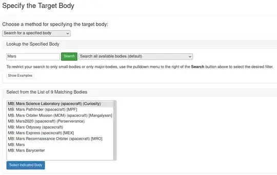 Entering Mars into the JPL Horizons Target Body selection box
