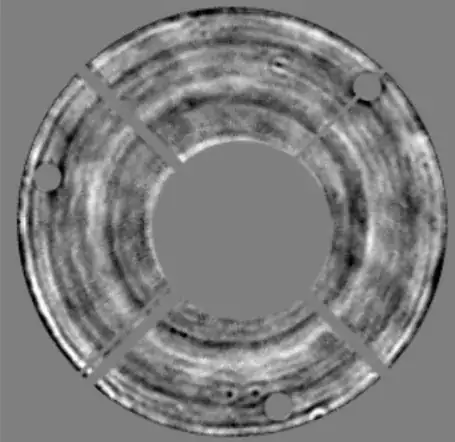 Figure 2. Map of the combined primary and secondary mirror surface errors left from polishing obtained using phase retrieval on highly defocused star images. Shown between ±30 nm surface error. The HST and WFPC2 obscuration patterns are superposed.