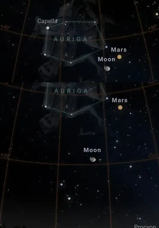 This merged image shows the angular distance between the moon and Mars at 10 PM  (upper part) and the change in the angular distance at 10 PM the following day (lower part).