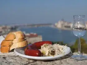 Pálinka in Tulip Glasses served Sausages