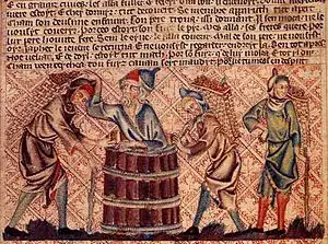 A depiction from the Holkham Bible c. 1320 AD showing Noah and his sons making wine