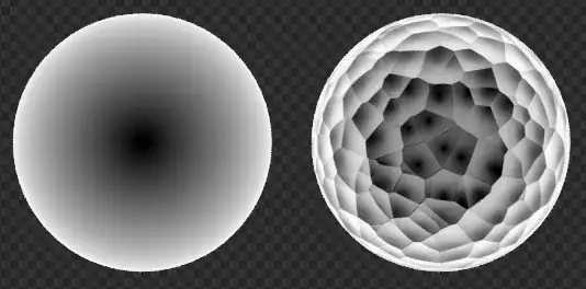 Layer Weight node facing output on a sphere left no bump map, right has a bump map