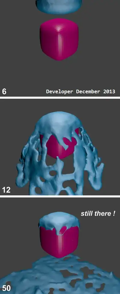 (1) Water above rounded cube (2) Water hitting rounded cube (3) Water stuck to rounded cube