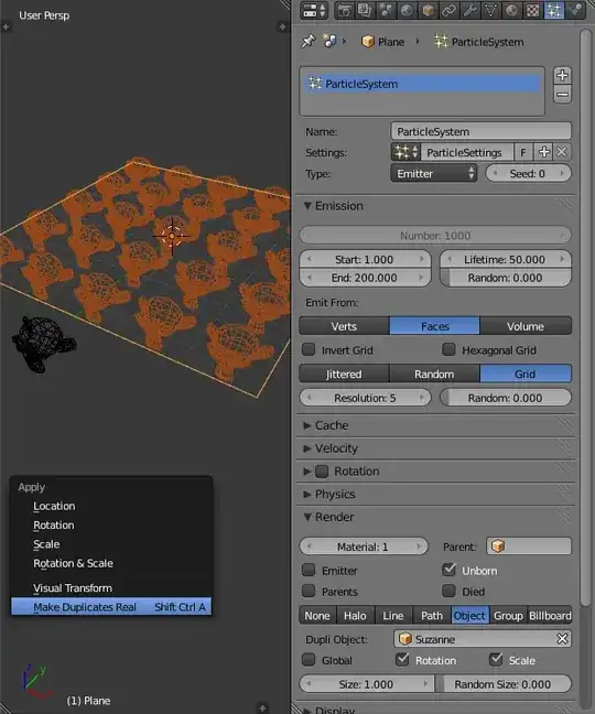 A grid particle system and the Apply menu with the Make Duplicates Real hilighted