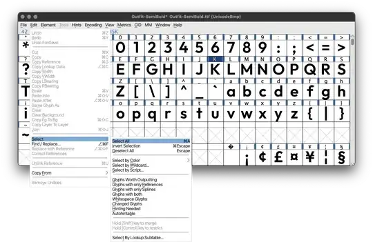 Screenshot of a TTF font opened Font Forge with the Edit, Select, Select All dropdown menu path highlighted