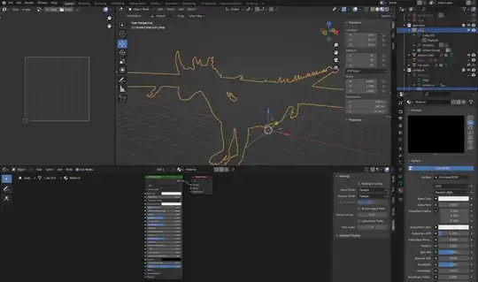 Pictured: the UV unwrap window, the node editor window, and the 3D viewport layout with a 3D object. The node editor displays that the Principled BSDF node is linked to a material output with the default white color. The object in the 3D viewport is not displaying the white material, and is instead a grey silhouette. In the collections, the object displayed is shown to have a material linked to it.