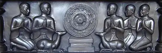 The first five disciples pay respects to the Wheel of the Dharma at the deerpark of Isipatana.