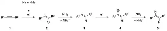Mechanism of Na/NH3 reduction of alkynes