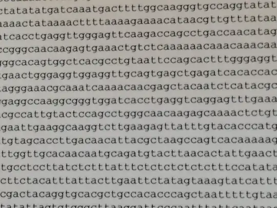 Image from the pages of Library of the Human Genome containing strings of letters a,c,t,g which make up the bulk of the genetic code