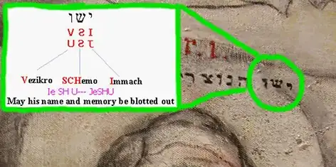 closeup of Chagall's blasphemous spelling of the Holy Name of Jesus