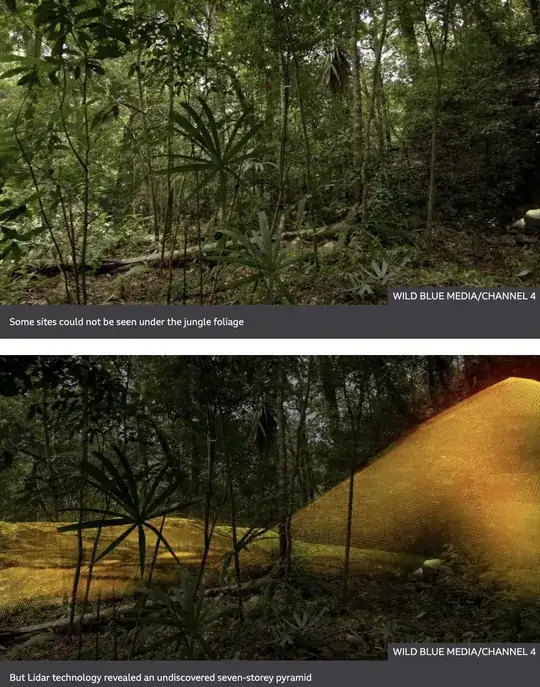 screenshot of forest in Guatemala seen by eye and seen with lidar, from BBC