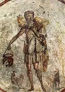 Jesus in the Catacombs of Rome. Third-century fresco from the Catacomb of Callixtus of Christ as the Good Shepherd.