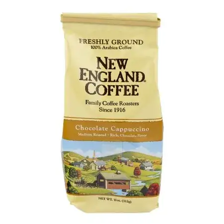 New England Coffee bag with square, clear plastic sticker