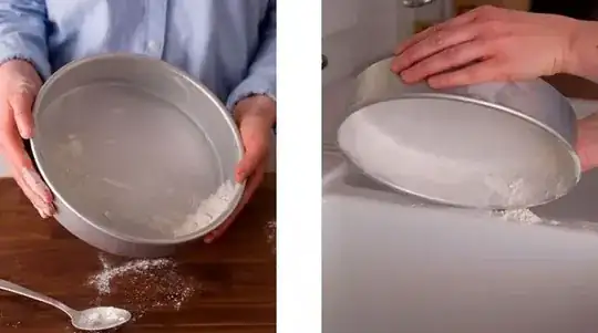 Image of chef coating a pan with flour after greasing it