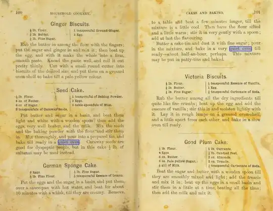 pages 100-101 of Household Cookery and Laundry Work, with recipes for cakes