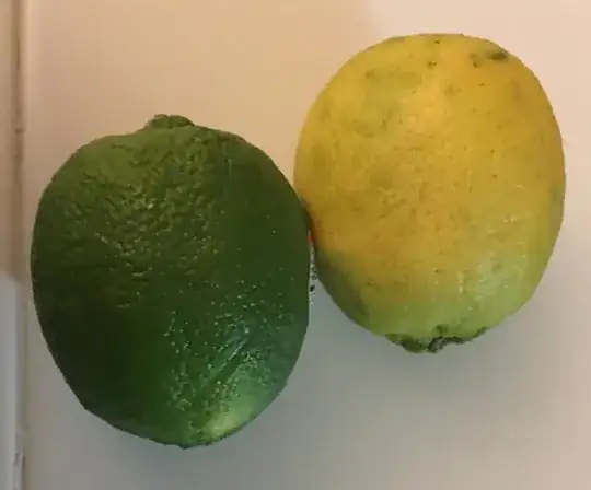 two limes side by side. the one on the right has turned yellow. The one on the right is still green.