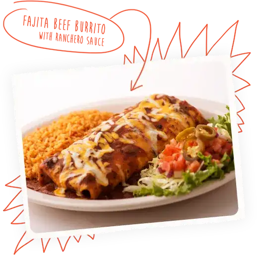 Chuy's Fajita Beef Burrito with ranchero sauce. Burrito on a plate covered with red sauce and melted cheese, Mexican rice, and salad.