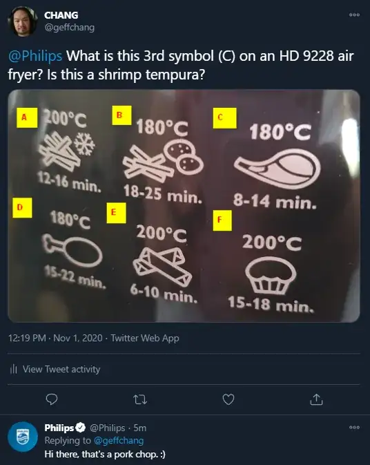screenshot showing Phillips' response, "Hi there, that's a pork chop. :)"