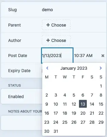 Screenshot of the entry edit page showing the post date input with the opened date picker