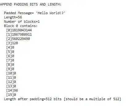 Values of the massage divided in 16 words.