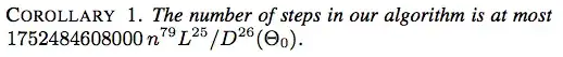 Corollary 1. The number of steps in our algorithm is at most $1752484608000 n^{79}L^{25}/D^{26}(\Theta_0)$