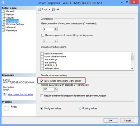 Remote server connections Allow remote connections to this server