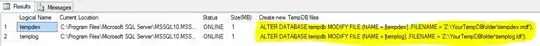 Image showing 2 rows with details on TempDB files and T-SQL statements to move them