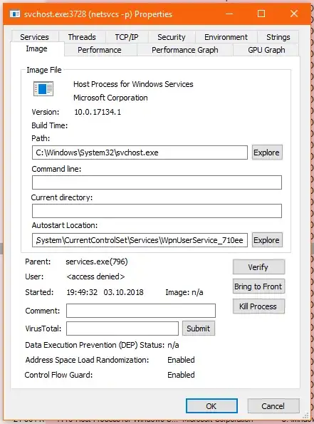Image properties of svchost.exe hosting WMI service