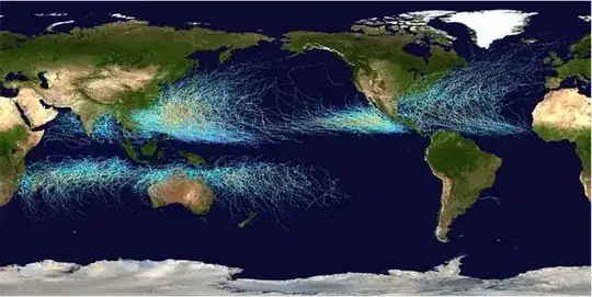 Mosaic of all tropical storms that formed in the world between 1985 and 2005. As can be seen the majority occur in the Pacific Basin. 