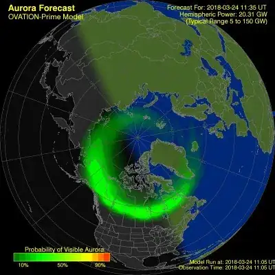 OVATION model of the northern hemisphere aurora 2018-03-24 11:35UT, courtesy NOAA.