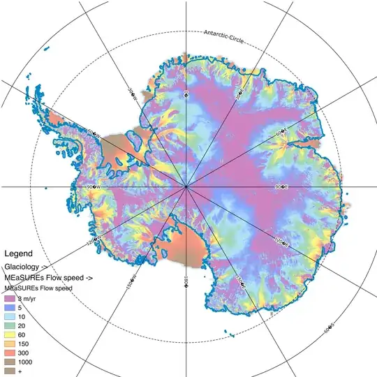 Flow velocities MEaSUREs, plotted from Quantarctica