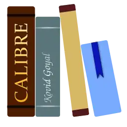 The Calibre logo. It looks like four books standing as if on a shelf. The left one has a burgundy spine with “Calibre” printed on it. The next has a green spine with “Kovid Goyal” (the author of Calibre) printed on it. The last two are yellow and blue, and are leaning against the first two.