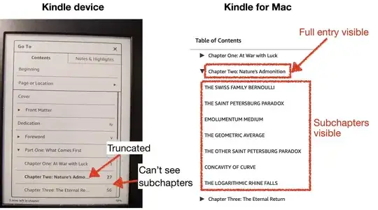 Kindle table on contents on device vs Mac app