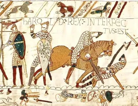The Bayeux Tapestry, showing the defeat and death of Harold, Rex