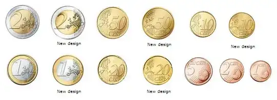 Coins from "1 cent" to "2 euro", showing old and new designs