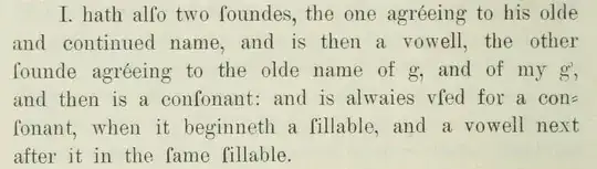 I. hath also two soundes, the one agréeing to his olde and continued name, and is then a vowell, the other sounde agreeing to the olde name of g, and of my g', and then is a consonant: and is alwaies vfed for a consonant, when it beginneth a sillable, and a vowell next after it in the same sillable.