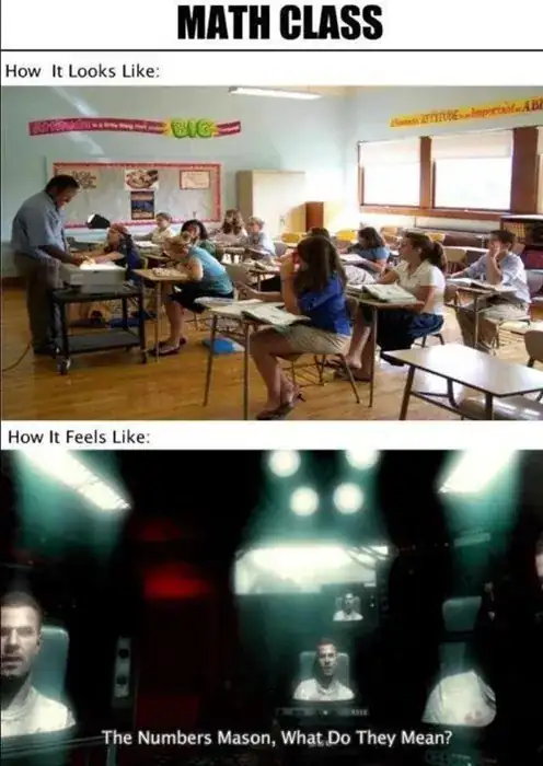 A two-part image titled "MATH CLASS". Over the top image, captioned "How It Looks Like" is a standard classroom with a teacher using an overhead projector in front of various students at their desks. The bottom image is captioned "How It Feels Like" with a picture from the video game Call of Duty: Black Ops, subtitled with a quote from Jason Hudson from the game: "The Numbers Mason, What Do They Mean?"