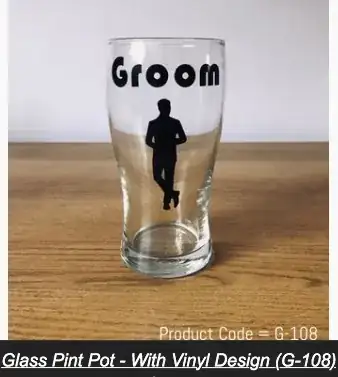 clear glass drinking vessel, which tapers towards the base by curving in