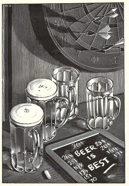 black and white drawing in a pub setting, with many straight edged classes with lanternlike groves around the side