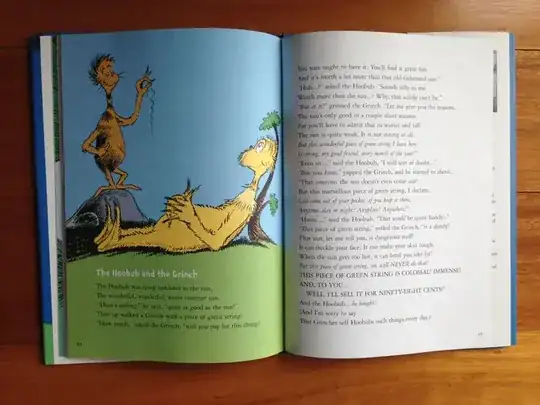 Full poem with picture of an orange Grinch offering a Hoobub a string