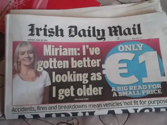 Issue of the Irish Daily Mail from Monday, June 30, 2014, folded in half. Banner image has three columns, first is a picture of a woman, second is the text "Miriam: I've gotten better looking as I get older see page nine", third is the text "only €1 a big read for a small price". The third's background is a baby blue circle. The whole banner image has a gradient background going from red to black. Below the banner image is a by line: Accidents, fires and breakdowns mean vehicles 'not fit for purpose'. The main headline is below the fold.