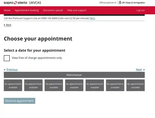 Zero appointments at Manchester, but the option to show only free of charge appointments