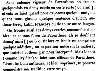 Citation sur les parenthèses, tirée de « La maniere de bien traduire d'une langue en autre d'advantage de la punctuation de la langue francoyse, plus des accents d'ycelle" à propos des parenthèses ».