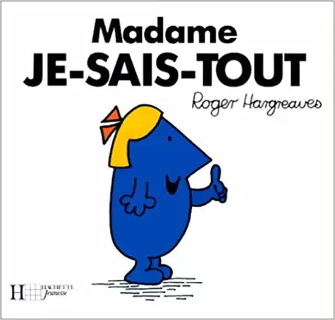page de titre de Mme Je-sais-tout avec un dessin en bleu d'un personnage, une jeune fille peut-être qui lève le doigt