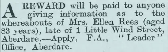 a reward offered for the whereabouts of Mrs Ellen Rees