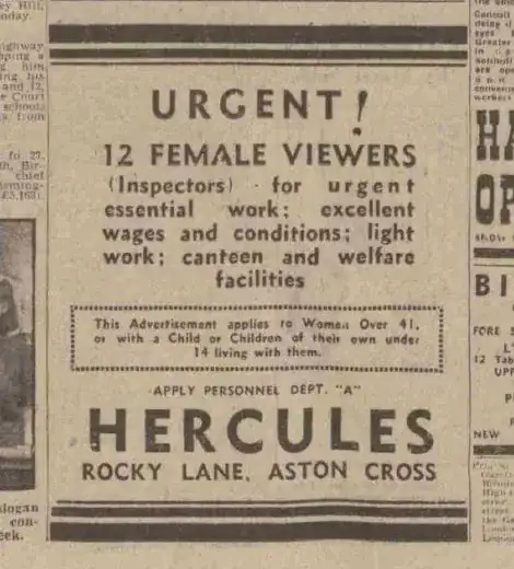 12 Female Viewers (Inspectors) for urgent essential work; excellent wages and conditions; light work; canteen and welfare facilities