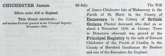 James Chichester, National Probate Calendar, 1860