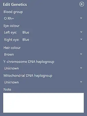 Edit Genetics panel - from **My Family Tree**