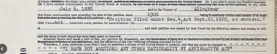 snippet from a Naturalization Petition from Ancestry's Pennsylvania, Federal Naturalization Records, 1795-1931 