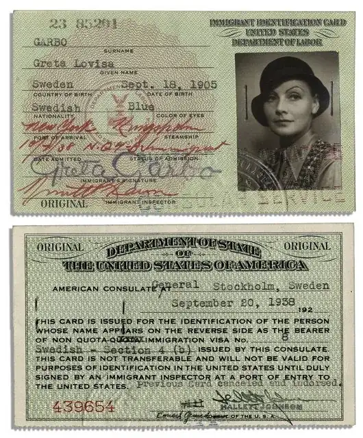 Immigrant Identification Card via https://natedsanders.com/Greta_Garbo_s_United_States_Immigrant_ID_Card____S-LOT41051.aspx